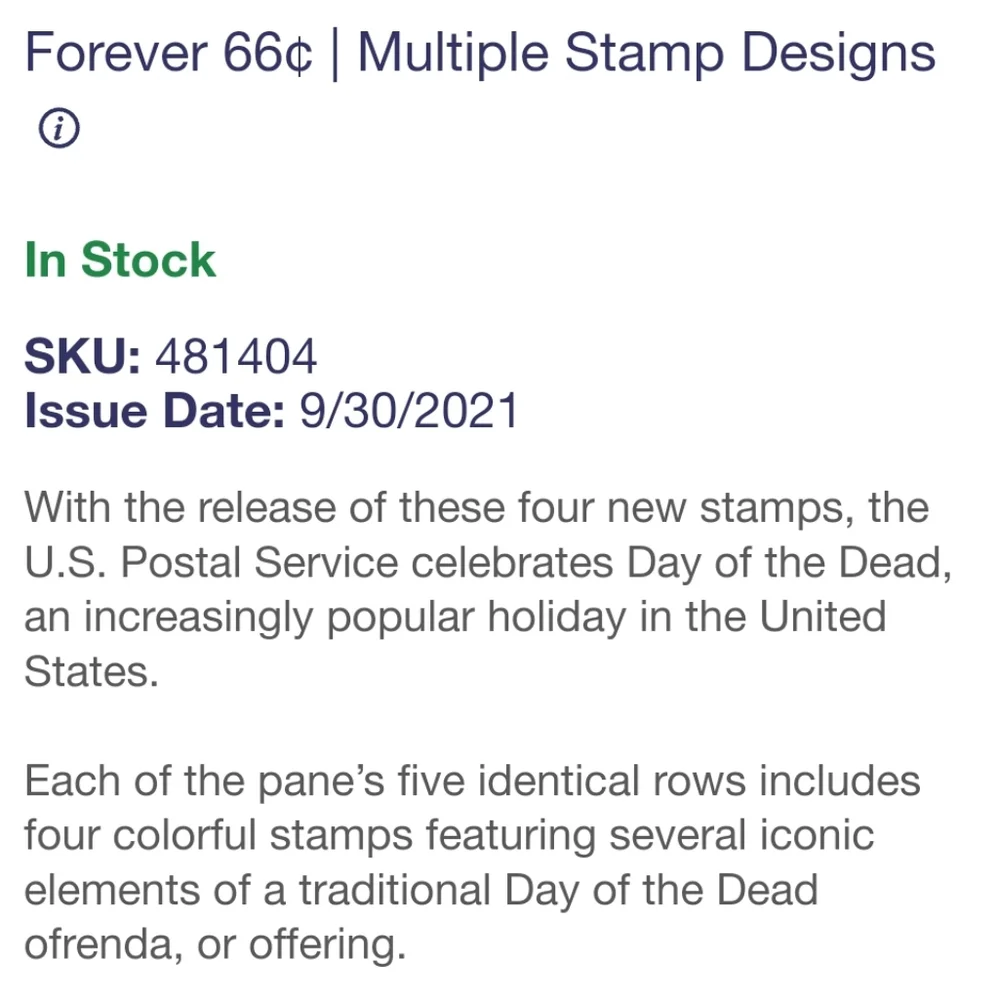 100 Day of the Dead Sugar Skulls‎ Forever Postage Stamps USPS Halloween Skeleton